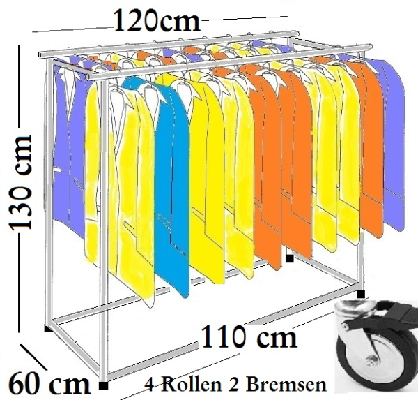 Profi Kleiderständer Warenständer Garderobe Regal freistehend mit Rollen 130 cm hoch 120 cm breit 60 cm tief Knotenverbinder Stahlrohre verchromt Art Nr St.05.100