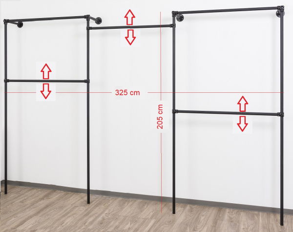 Wandregalsystem Schwarz Garderobensystem 205x325 cm breit und 35 cm tief Zubehör Endkappen Wandanschluss mit Eckverbindung Wandbefestigung Rundrohre pulverbeschichtet Art Nr W13BK