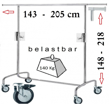 Kleiderständer höhenverstellbar bis 218cm hoch und 205 cm breit vier 80 mm Rollen stabiles Modell belastbar bis 140 kg Garderobenständer Art Nr 17-140-80