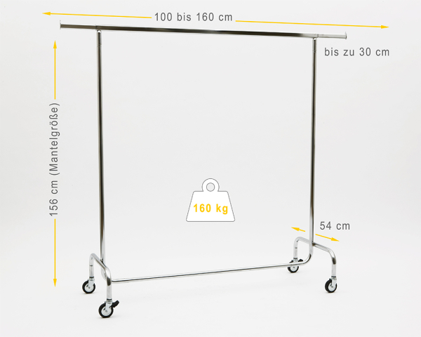 Kleiderständer 100 cm Breit 156 cm Hoch mit 4 grossen 80 mm Rollen sehr stabile Ausführung bis 160 kg Rollständer Konfektionsständer Chrome Art Nr 15-100-80