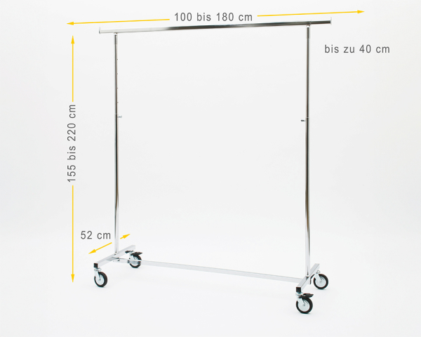 Kleiderständer Jumbo XXL höhenverstellbar 100cm Breit 155 bis 220 cm Hoch ausziehbar mit 4 grossen 80 mm Rollen sehr stabile Ausführung Rollständer Konfektionsständer Chrome Art Nr 54-100-80