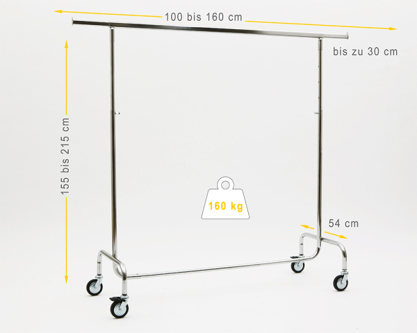 Kleiderstöänder höhenverstellbar 100cm Breit bis 215 cm hoch ausziehbar mit 4 grossen 80 mm Rollen sehr stabile Ausführung 160 kg Chrome Art Nr 16-100-80