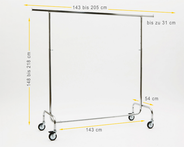 Kleiderständer höhenverstellbar 143cm Breit 148 bis 218 cm Hoch ausziehbar mit 4 grossen 80 mm Rollen stabile Ausführung Rollständer Konfektionsständer Chrome Art Nr 17-140-80